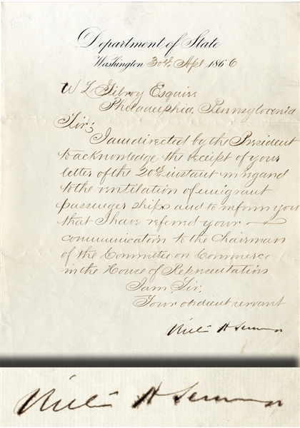 William H. Seward Signed Department of State Letter.