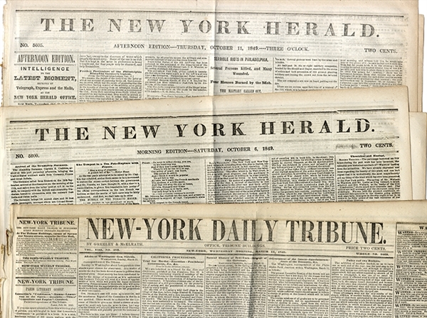 Three 1849 - Gold Rush Era - Neew York Newspapers