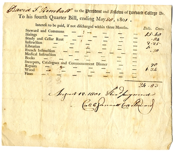 Early 1801 Harvard College Quarter Bill