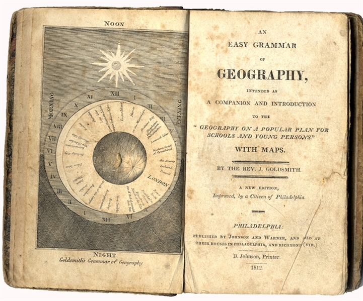 An Easy Grammar of Geography by Reverend J. Goldsmith with rare mechanical timezone dial. 