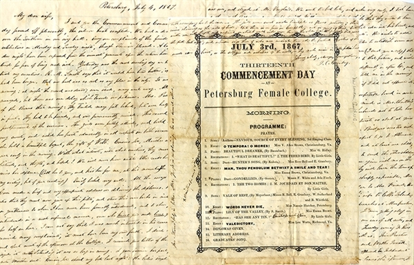 1867 Petersburg Female College Commencement Programme and Letter