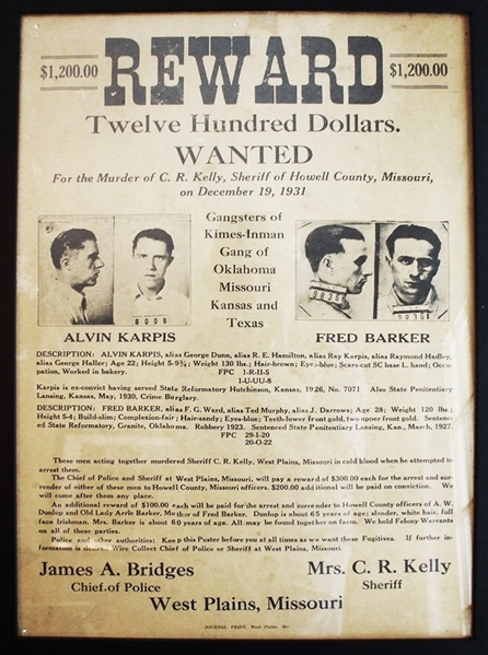 Dramatic Reward Poster For Alvin Karpis and Fred Barker