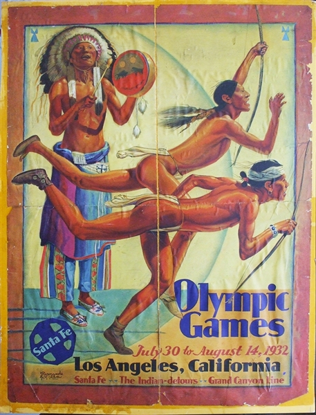 1932 Santa Fe Railroad Poster Advertising the Los Angeles Olympics. 