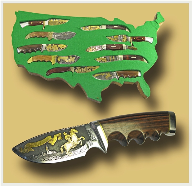 Magnificent Patriotic Display! Complete Set of ten Bicentennial Era Knives from the 1773 Boston Tea Party to General Washington’s triumphant Return to New York in 1783