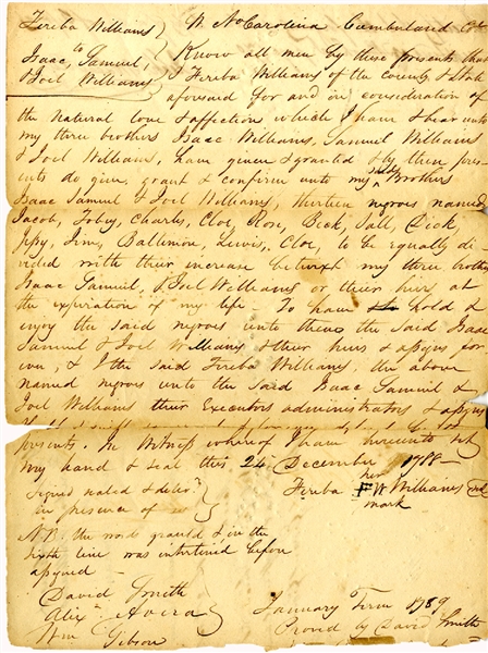 North Carolina Document Records Division of Slaves 