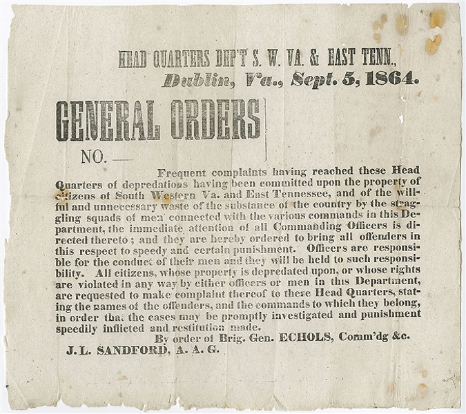A Confederate General John Echols Warns His Commanders Not to Harass the Locals