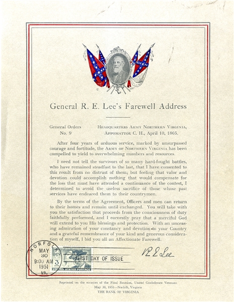 From The Last Confederate Reunion - Commemorative “General R.E. Lee’s Farewell Address”  With FDC
