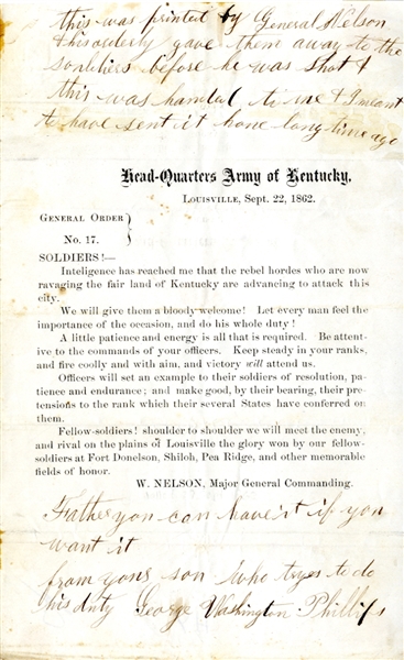 Important Union Broadside Issued by General Nelson Rallying his Troops Against “Rebel Hordes” in Kentucky
