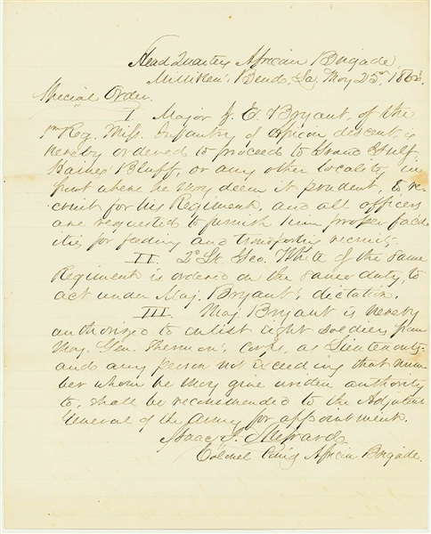 Col. Isaac Shepard Authorizes Recruitment of 1st Mississippi Regt. African Descent (Former Slaves) 