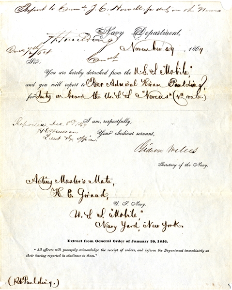 Secretary of the Navy Gideon Welles War-date Document Signed