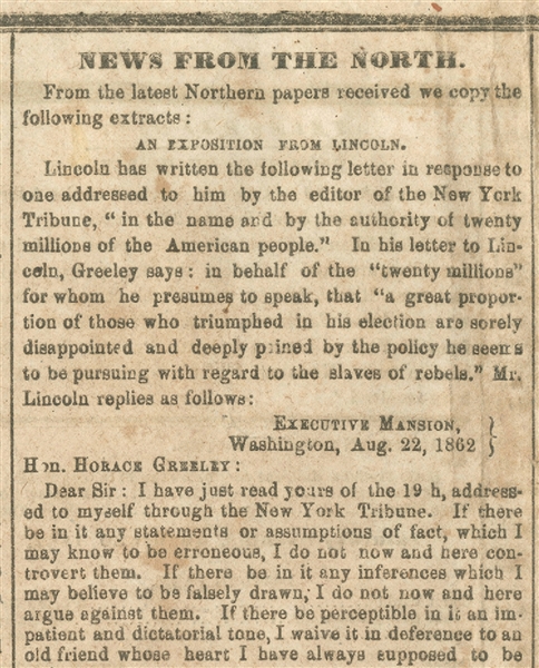 A Confederate Newspaper Prints Lincoln’s Response to Horace Greeley’s Anti-Slavery Editorial 