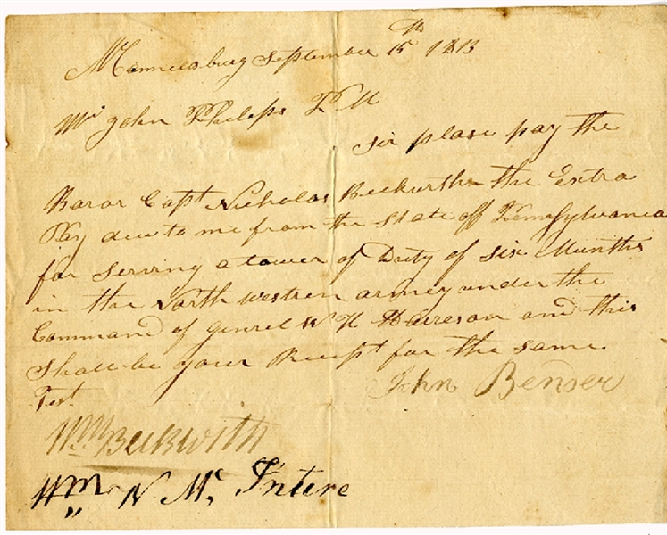 War of 1812 Voucher Issued Under general W.H. Harrison