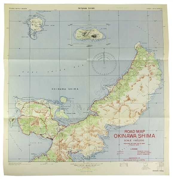 Okinawa Island Map Prepared between Dropping Atomic Bombs on Hiroshima and Nagasaki
