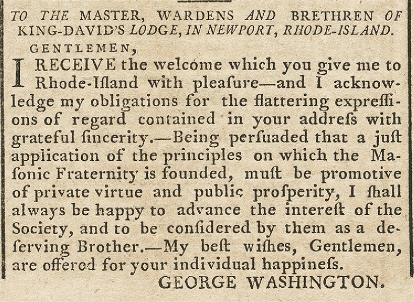 George Washington Letter to the Jewish Masons of Newport, Rhode Island 