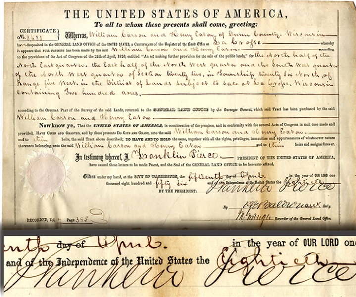 Secretarial Signed President Franklin Pierce Wisconsin Land Grant