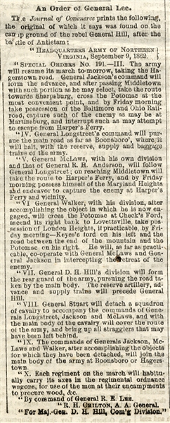  Historic “Special Order 191” - the “General Robert E. Lee’s Lost Order - Printed in a Newspaper