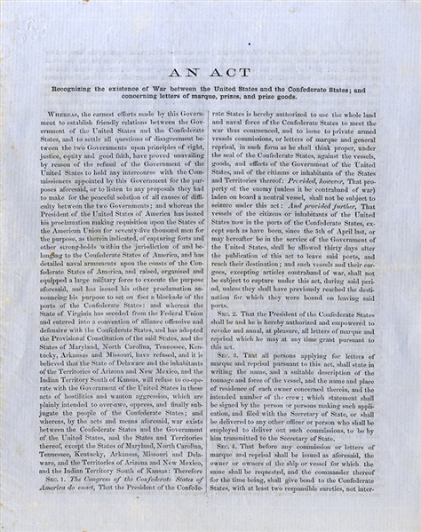 Recognizing The Existence of War Between The Confederacy and The U. S. Government Document.