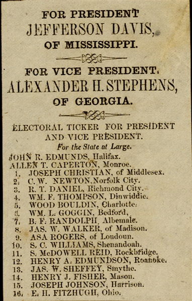 1861 Jeff Davis For President Campaign Ballot.