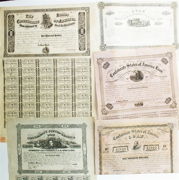 Collection of Confederate Bonds - 5 Bonds, One For each Year Of the War