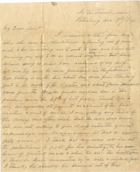 13th Va. Light Artillery Soldier Writes from the Trenches at Petersburg about his Loyalty to the Cause