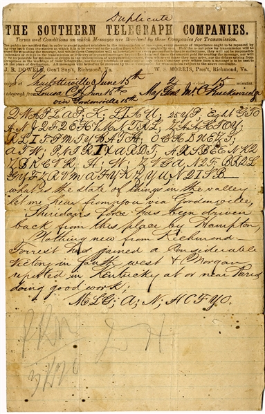 Rare Yankee Intercepted Confederate High Command Cipher Telegram. 