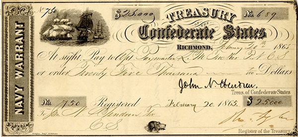 Nice Confederate Navy Warrant Document