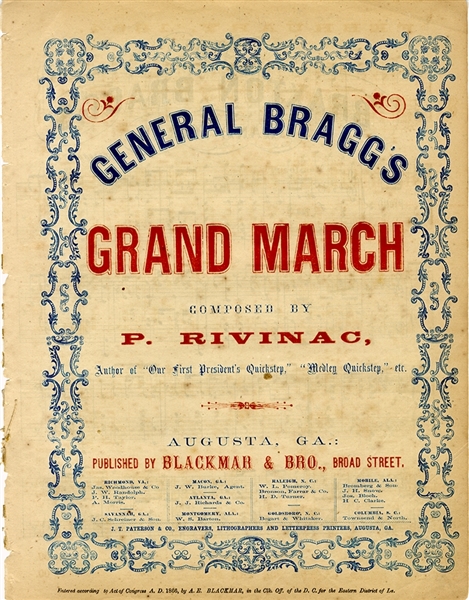 Scarce Music Sheet Dedicated to Confederate General Baxton Bragg.