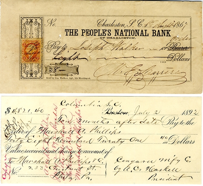 Checks Signed by Confederate Colonels Cheves and Haskell
