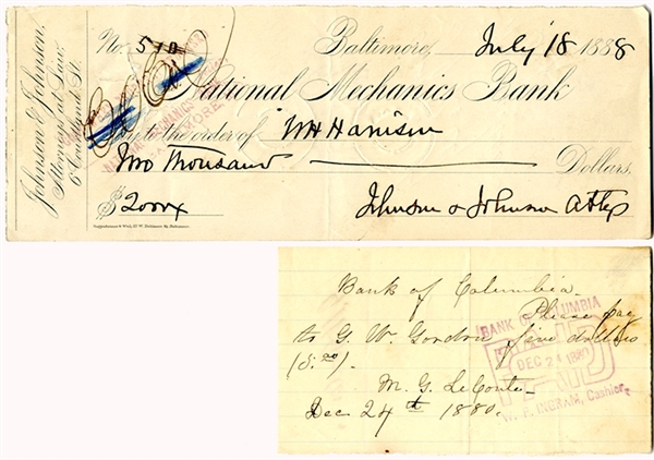 Founding Member of the Ku Klux Klan and Confederate General Signed Check and Check Signed by General Johnson