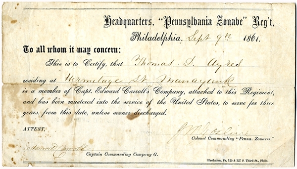 Gosline Zouaves Signed Document by Colonel J.M. Gosline and Captain Edward Carroll