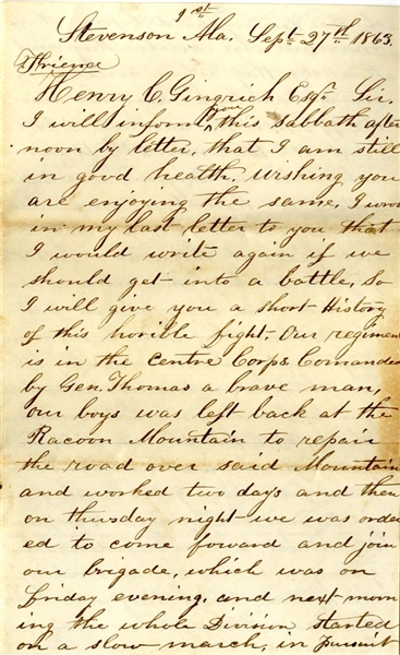 Great Battle of Chickamauga Letter; Trapping And Killing Rebel Soldier Using Whiskey As Bait