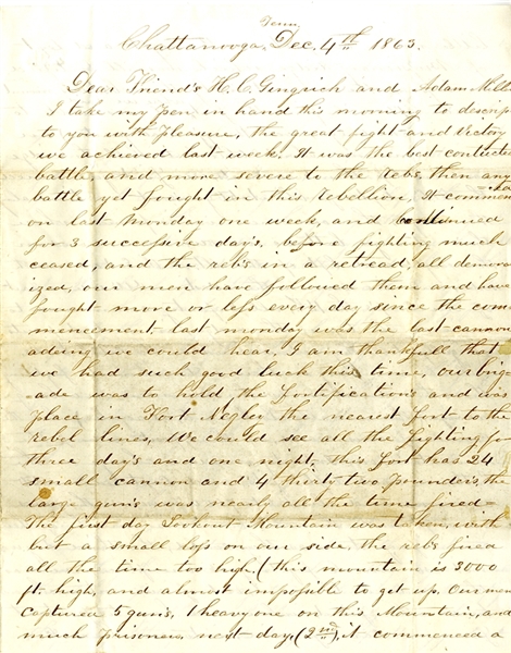 Great Battle of Lookout Mountain and Battle of Missionary Ridge Letter