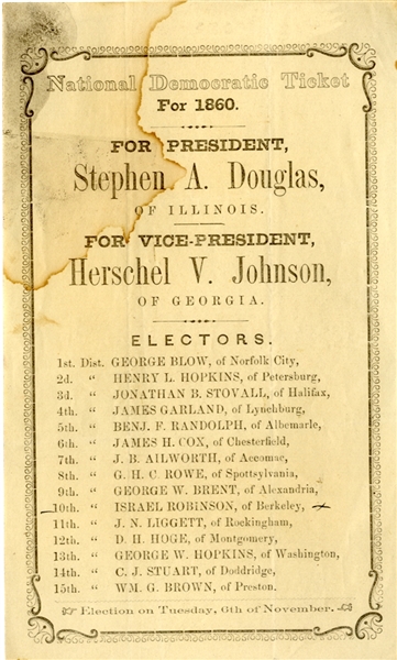 Rare 1860 Stephen Douglas Campaign Ballot.