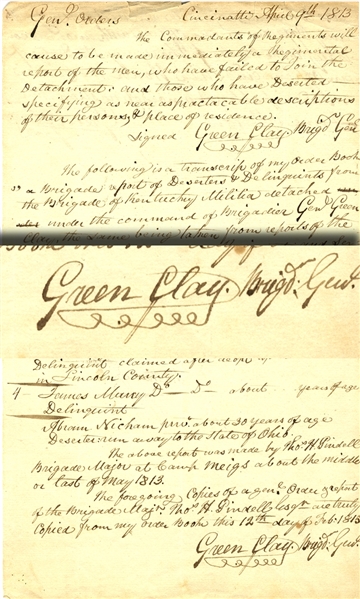 War of 1812 Kentucky Signed Document Regarding Desertion