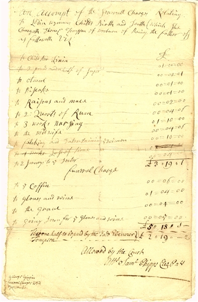 18th Century Bill for Childbirth & Death, Midwife, Coffin, Grave. Unique history