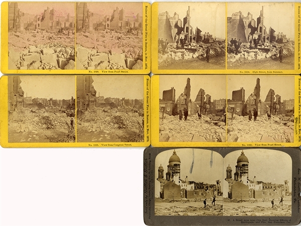 Group of five stereoviews of  1872 Boston Fire and San Francisco Earthquake