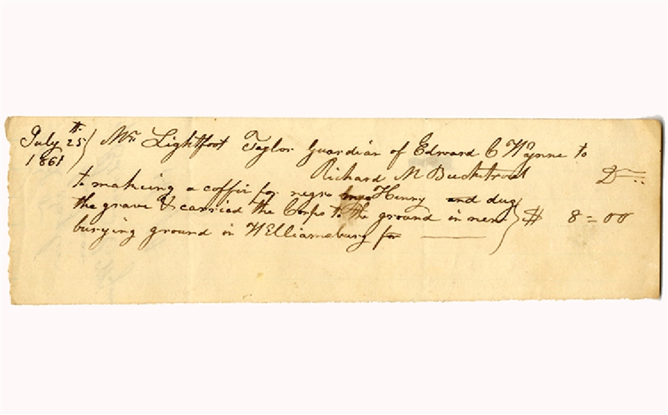 War dated Slave Document - Burial in Williamsburh