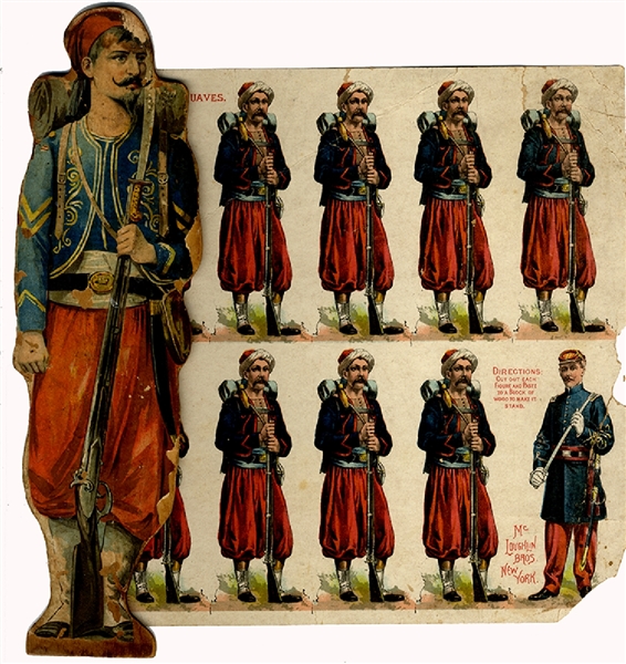 Zouave Lithograph Advertising Panel With Full Standing Zouave Soldier Wood Backed Cut-Out