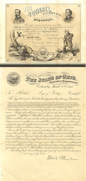 Wonderful Pair of Ohio Squirrel Hunter's Discharge & Governor Tod's Letter