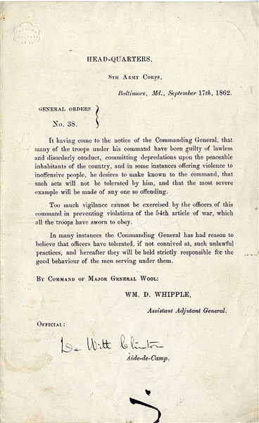 General Wool Will Not Allow Lawless Conduct - September 17, 1862 - Baltimore