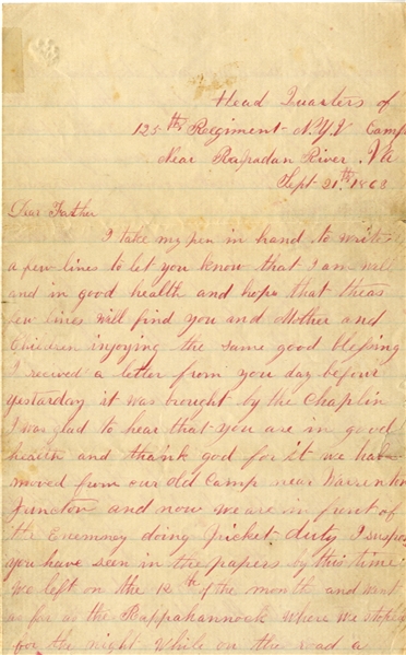 Andersonville Victim Battle at Culpeper With Rebel Cavalry/Execution Letter. 