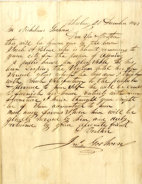 Early Wheeling, Virginia Letter On Prospective Hotel Owner. 
