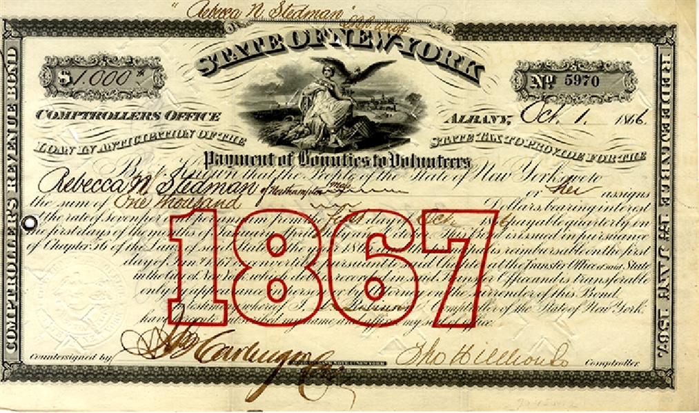 Unusual 1866 New York State Payment of Bounties to Volunteers Bond.