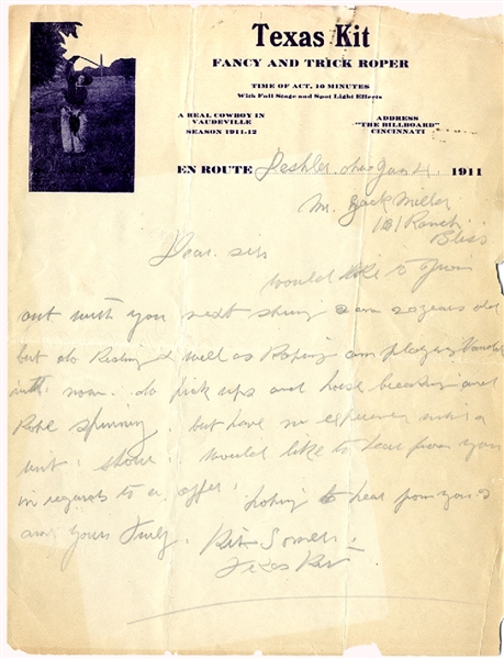 Texas Kit Letter to Col. Miller of the 101 Ranch