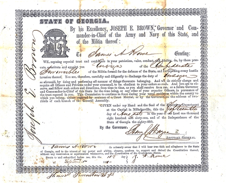 Rare 1861 Georgia Officer’s Commission for the “Confederate Invincibles”