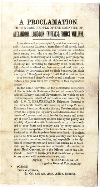 Beauregard Proclamation Slams Lincoln