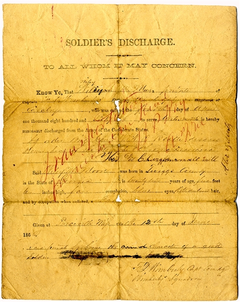  6th Georgia Infantry discharge signed by officer killed at Antietam