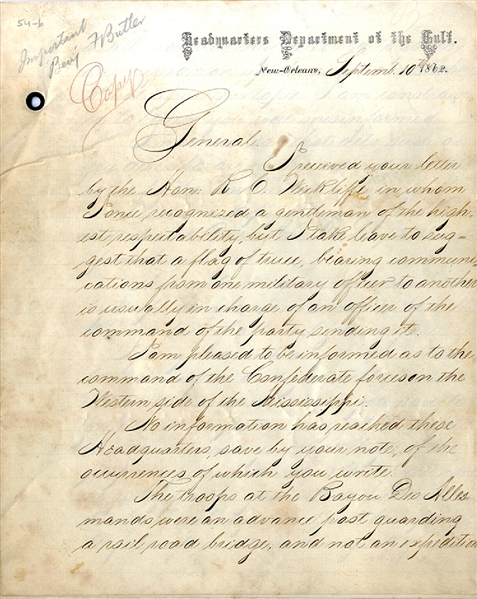 General Benjamin Butler Manuscript Document from Louisiana