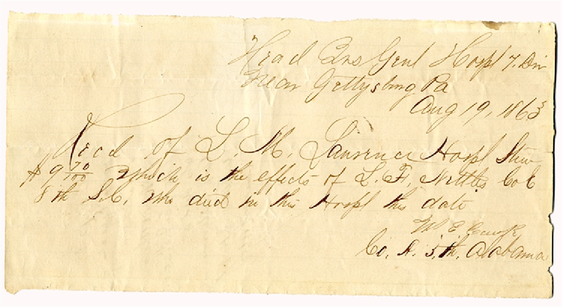5th Alabama & 8th SC Document Pertaining to Gettysburg Casualty
