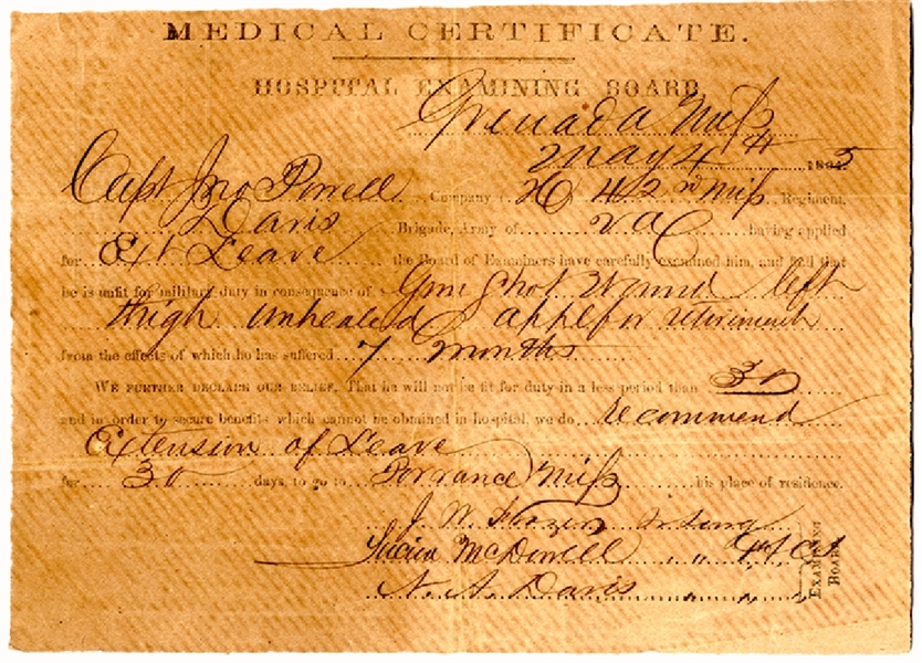 Medical Certificate for Captain in the 42nd Mississippi Infantry